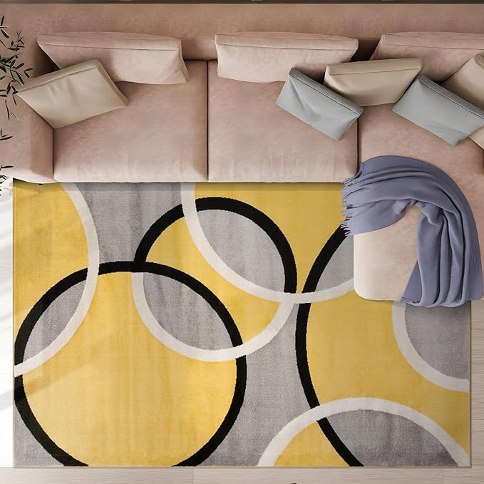 Rugshop Contemporary Abstract Circles Easy Maintenance for Home Office,Living Room,Bedroom,Kitchen Soft Area Rug 6'6" x 9' Yellow