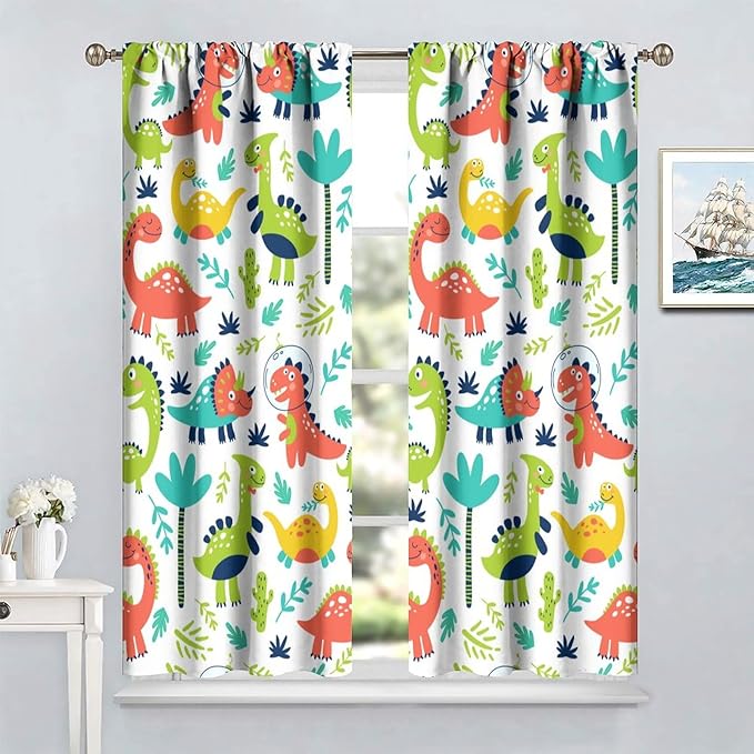Rustic Dinosaurs Curtains Colorful Dino Kids Boys Cartoon Cute Cool Funny Decor Printed Blackout Rod Pocket Window Drapes for Living Room Bedroom W27.5xL63in 2 Panels