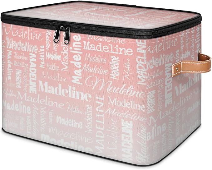 Custom Storage Basket with Name, Personalized Storage Bins with Zipper Lid, Foldable Fabric Storage Box Large capacity with Handle Pink White