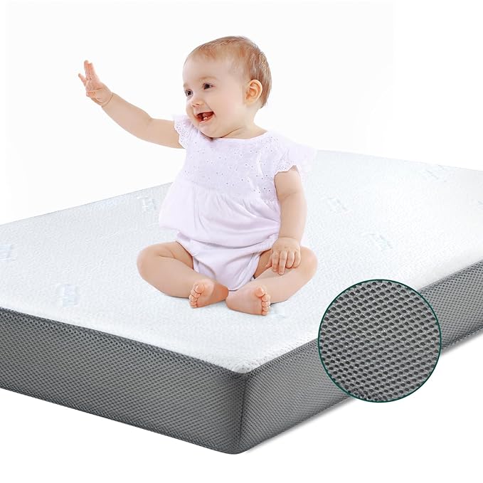 BABELIO Premium Memory Foam Crib Mattresses, 2-Stage, with Waterproof Lining & Removable Cover, for Standard Toddler Bed White and Grey