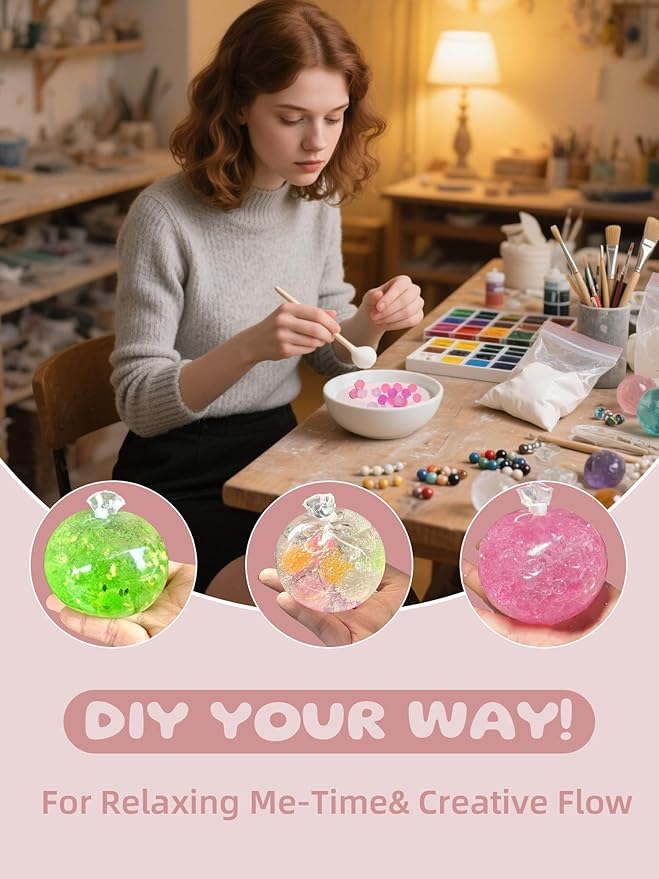 DIY Stress Ball Making Kit - 10 TPR Skins, 13 Fillers, 14 oz Slime, 7 oz Clay, Create ASMR Anxiety Relief Toys, Handmade Squishy Stress Balls, Unique Self-Care Gifts for Women, Crunchy and Relaxing