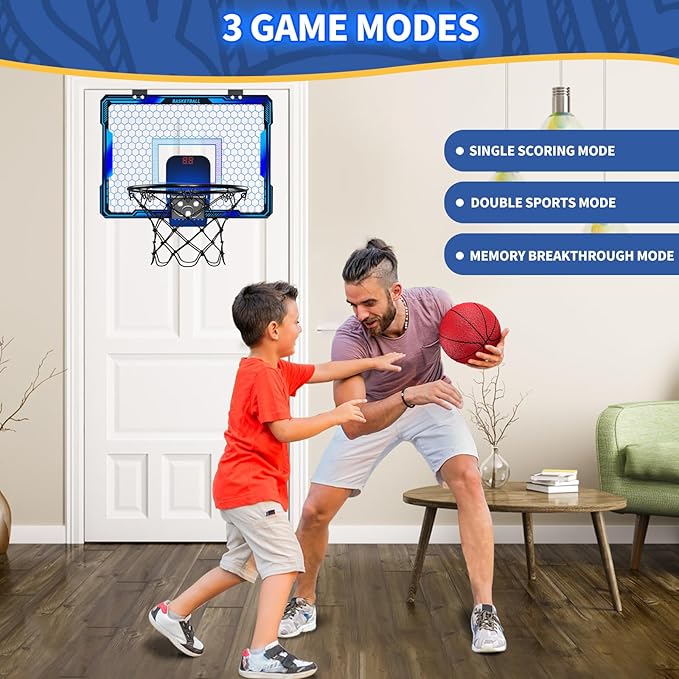 Basketball Hoop Indoor, Mini Basket Ball Hoop with 7 LED Lighting, Scoreboard, Over Door Basketball Hoop with 3 Modes, Volume Adjustable, Foldable, Basketball Toys Gifts for Kids Adults (Blue)