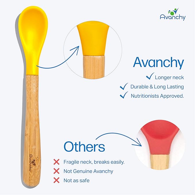 Avanchy Bamboo & Silicone Infant Training Spoons, BPA Free - Soft Tip, Easy on Gums, First Stage Feeding Utensils for Baby-Led Weaning, Self-Feeding, Assorted w/Pink