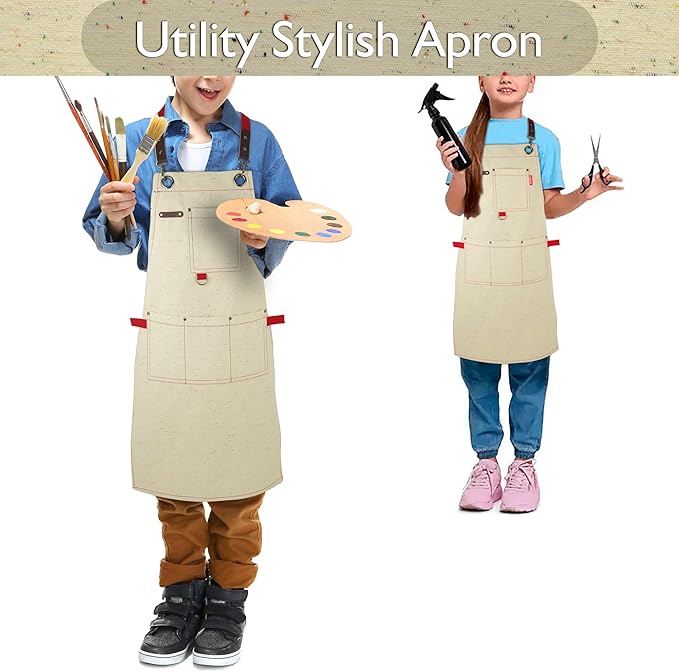 Kids Art Aprons for Painting, Gardening, Cooking, Multiple Pockets, Kids Smock for Boys & Girls, Waterproof (Age6-12)