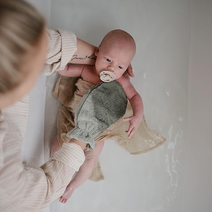 mushie Baby Bath Mitt | Organic Cotton | Pack of 2 (Moss)