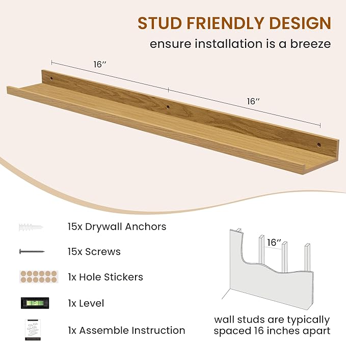 Axeman Picture Ledge Shelf, Floating Shelves for Wall Decor Storage Set of 6, 36 inch Floating Wall Mounted Shelves, Wall Shelves with Lip for Living Room, Bedroom, Nursery, Bathroom, Kitchen, Oak