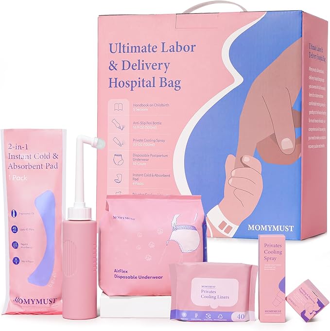 Postpartum Essentials Kit, Labor Delivery Mom Recovery Essentials w/Peri Bottle, Herbal Cooling Spray, Absorbent Disposable Underwear, Instant Cold&Absorbent Pad, Herbal Cooling Liners,Nipple Cream