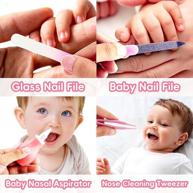 Baby Grooming Kit, Infant Safety Care Set with Hair Brush Comb Nail Clipper Nasal Aspirator,Baby Essentials Kit for Newborn Girls Boys (Pink)