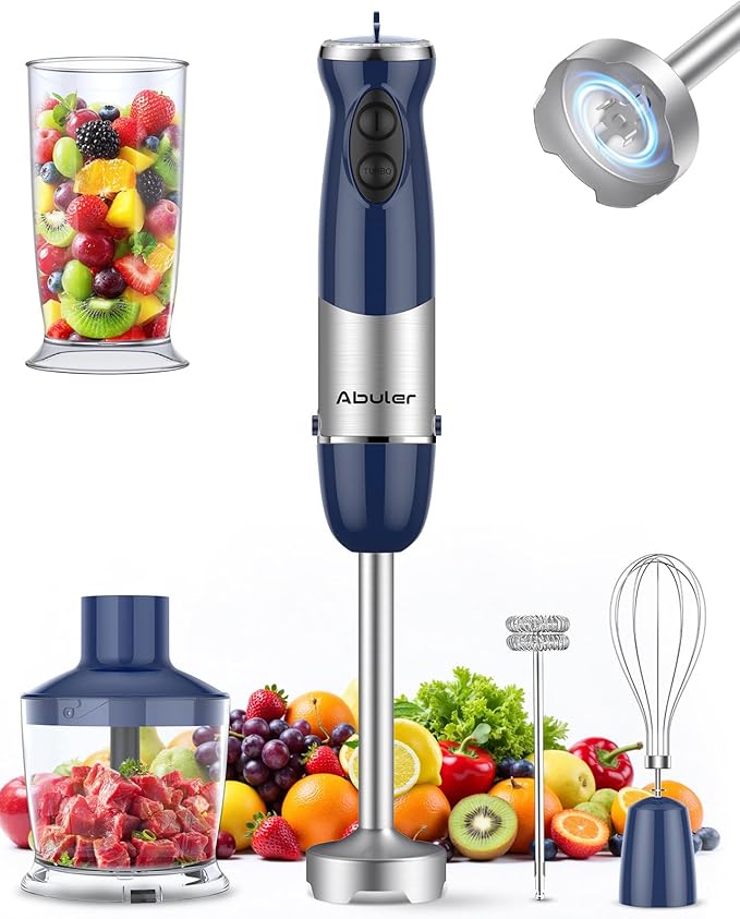 Immersion Blender Handheld 1000W 5 in 1 Corded Stick Hand Blender Kitchen with 12 Speed, BPA-Free, Mixing Beaker, Chopper, Whisk, Milk Frother, Perfect Emulsifier for Soup, Baby Food, Sauce, Puree