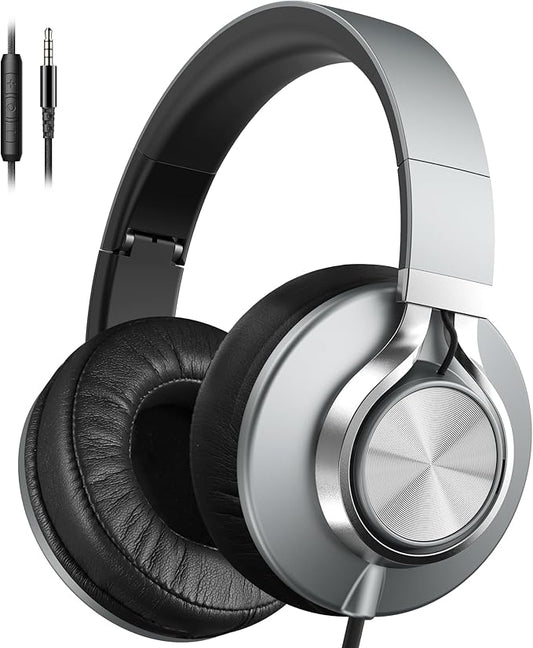 AILIHEN C90 Wired Headphones with Microphone Volume Control, Noise Reduction Over Ear Headphones Wired 3.5mm, Super Soft Corded Headphone for Cellphones, Tablet and Chromebook (Grey)