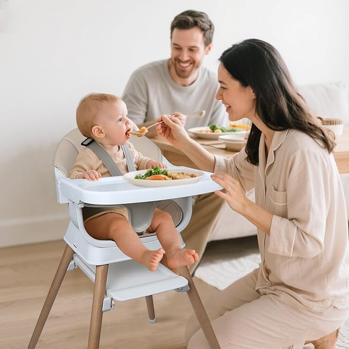 9 in 1 Convertible Baby High Chair with Booster, Wooden Highchair for Babies and Toddlers with Adjustable Tray & 5-Point Harness, Multi-Functional Growing Seat for Feeding, Learning & Play, Beige