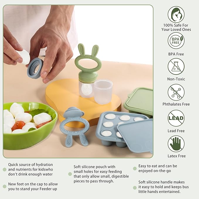 WAJIAYON Easter Bunny Baby Breastmilk Popsicle Molds & Baby Fruit Feeder,Infant Food Freezer Tray Storage Containers, Silicone Teething Pacifier Feeder and Teether for Babies,Moss and Fawn