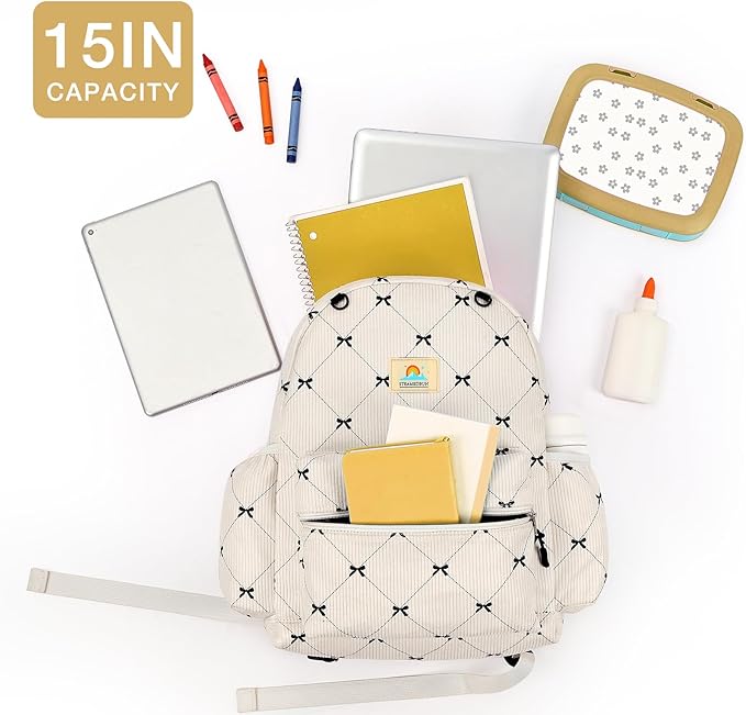 STEAMEDBUN Corduroy Kids Backpack for Girls and Boys 5-8: Girls Backpack for Elementary Kindergarten - 15 inch Cute Backpacks for Kids - Bow