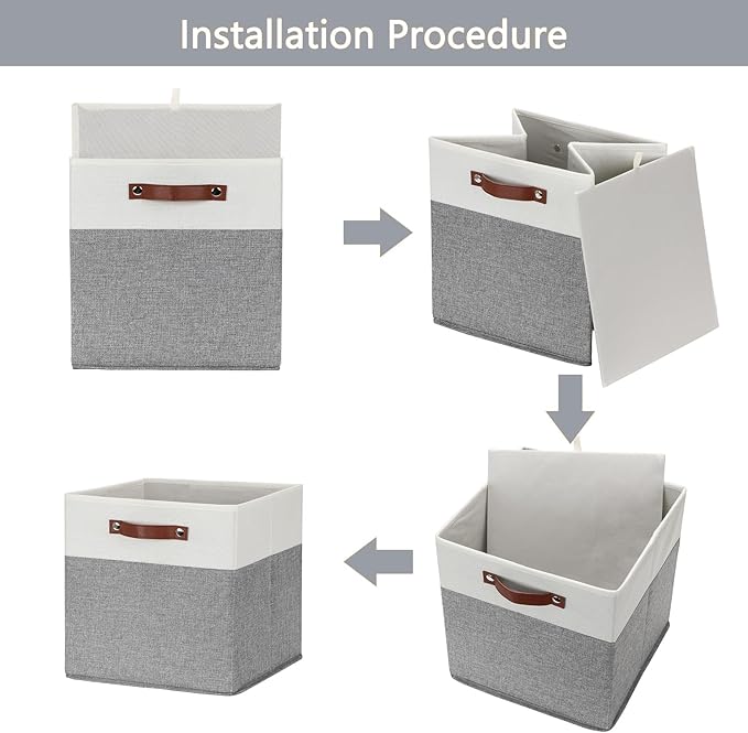 HNZIGE Set of 4, Foldable Storage Cube Bin Baskets, Fabric 11x11 Cube Storage Bins for Storage with Handles, Shelf Bins for Cube Home Toy Nursery Closet(White Gray)