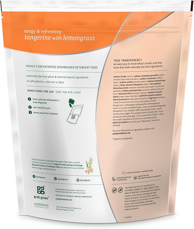 Grab Green Automatic Dishwashing Detergent Pods, 60 Count, Tangerine Lemongrass Scent, Plant and Mineral Based, Superior Cleaning, Powerful Grease Removal, Brilliant Shine