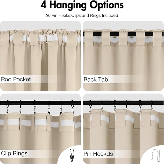 ANRODUO Back Tab Blackout Curtains for Bedroom Living Room, Rod Pocket Pinch Pleated Thermal Insulated Room Darkening Curtains 108 Inches Long 2 Panels, Cream Beige, 52 x 108 Inch