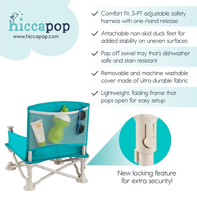 Hiccapop OmniBoost Travel Booster Seat with Tray for Baby | Folding Portable Baby Booster Seat for Dining Table, Camping, Beach, Grandma’s | Tip-Free Design Straps to Kitchen Chairs - Booster Chair