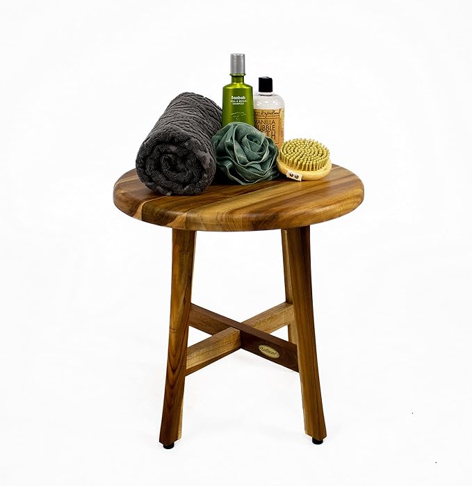 EcoDecors Shoji 17.5 Inch Round Table Waterproof Teak Wood Shower Bench Stool Seat Chair for Inside Shower Provides Safety, Storage, and Organization for Bathroom Accessories