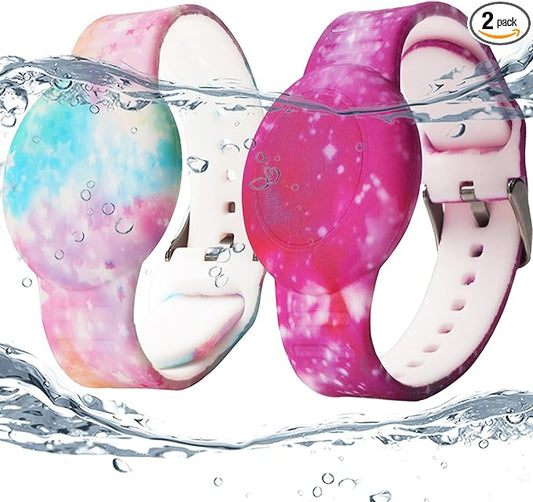 2 Pack Waterproof AirTag Bracelet for Kids, Hidden Printed Wristband for Apple Air Tag, Silicone AirTag Holder GPS Tracker Case for Band for Child Toddler, Secure Anti-Lost Protection(Pink,Purple)