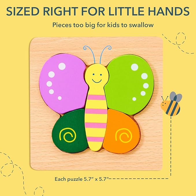 MAGIFIRE Wooden Puzzles 12-18 Months - Multicolor 6-Pack Animal & Vehicle Shapes with Storage Bag - Chunky Wood Puzzles for Fine Motor & Hand‐Eye Coordination - Ideal Toddler Gifts Age 1-2