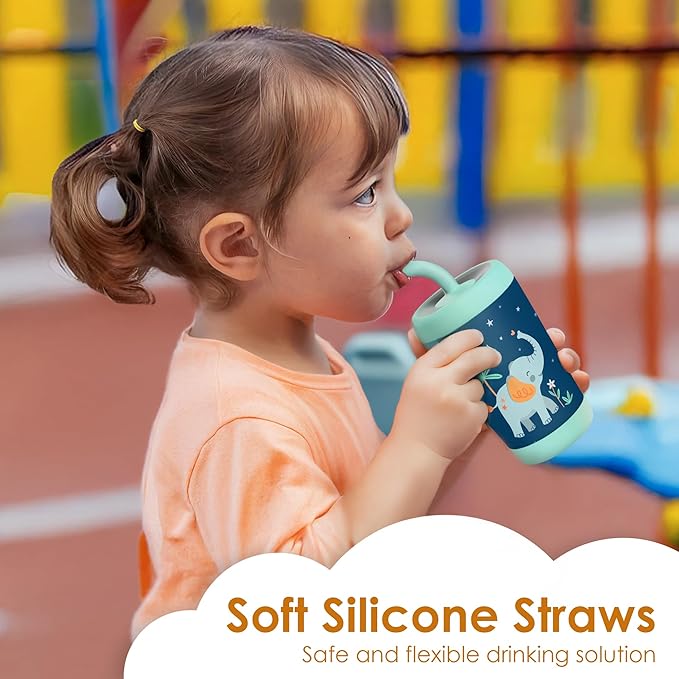 Kid Insulated Stainless Steel Tumbler with Silicone Straw, 12oz Sippy Cup for Kids (Dreamy Elephant)