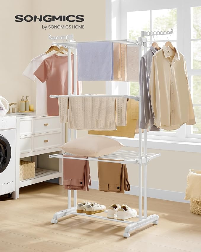 SONGMICS Clothes Drying Rack Stand 4-Tier, Foldable Laundry Drying Rack 68.1-Inch Tall, Stainless Steel, Rolling Clothes Horses Dryer Rack, Easy to Assemble, Indoor Outdoor Use, Cloud White ULLR701W03