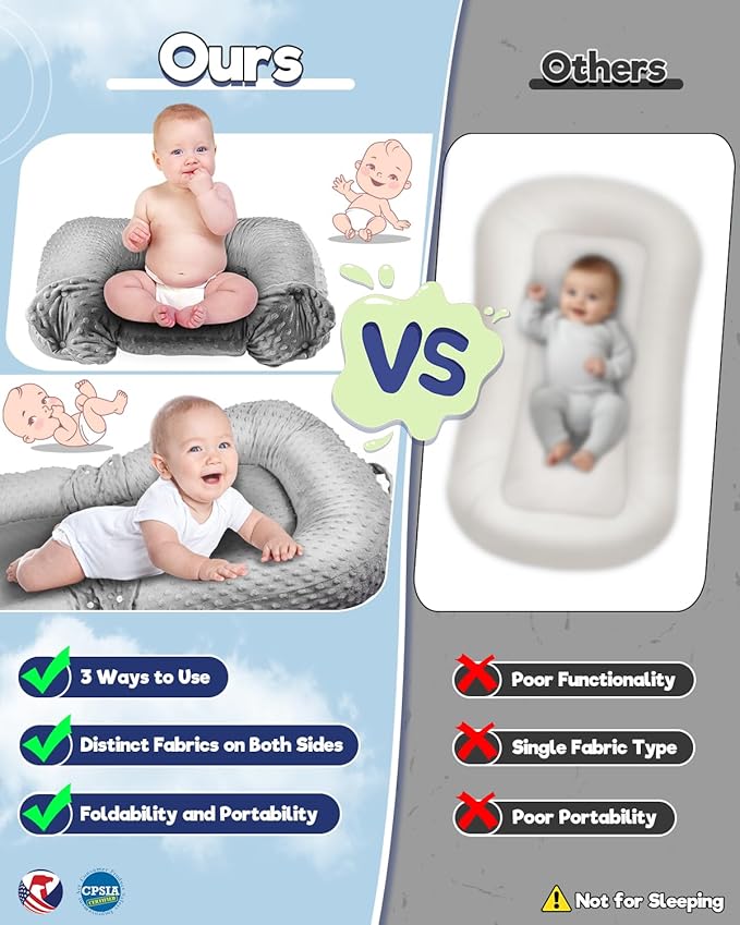 Baby Lounger Pillow : 3-in-1 Infant Lounger for Newborn 0-24 Months, Portable Tummy Time Mat for Home and Travel, Breathable & Soft Baby Seat for Baby, Babies Essentials Gifts, Grey