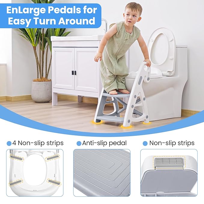 Primlect Potty Training Seat, 2-in-1 Toddler Toilet Seat with Step Stool, Ultra-Stable Potty Chair Attachment, Adjustable Seat and Step Ladder, Non-Slip Design, Splash Guard for Boys and Girls(Grey)