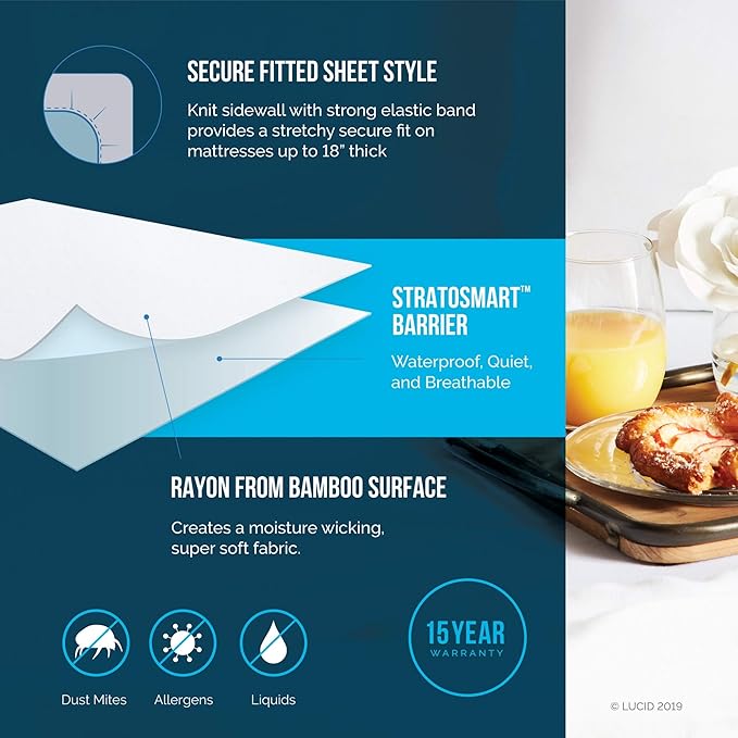 LUCID Premium Rayon made from Bamboo Jersey Mattress Protector - Ultra Soft - Waterproof - King