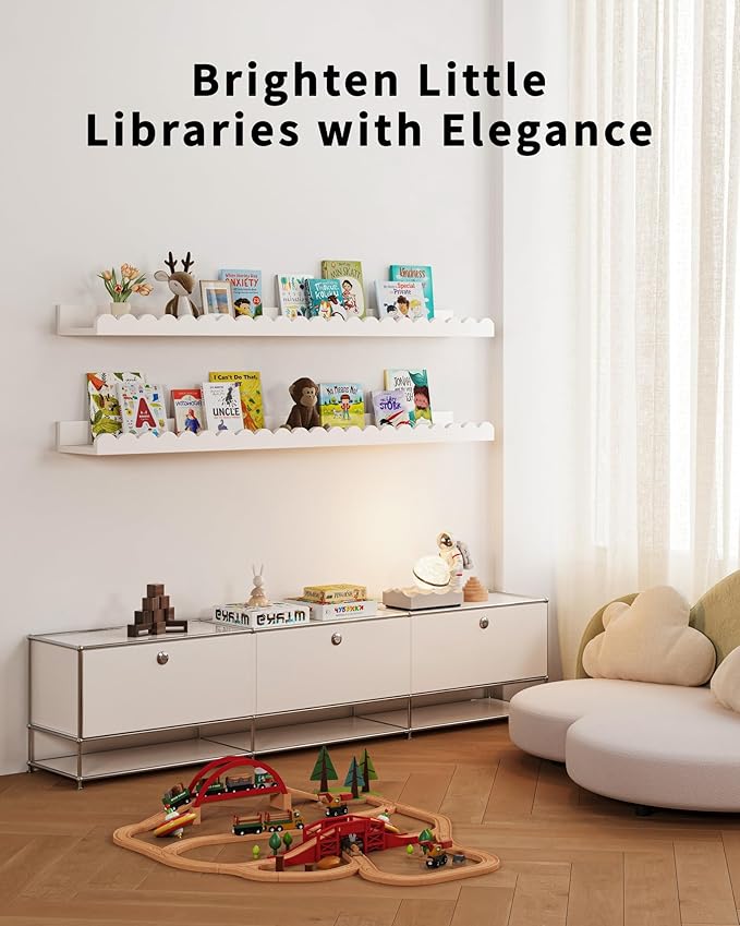 Nursery Book Shelves, 4-Pack White Floating Shelves for Wall Kids, Scalloped Shelves, Wall Book Shelves for Bedroom Kids, Toddler Room, Baby Room, Nursery Decor (White, 36 Inches)