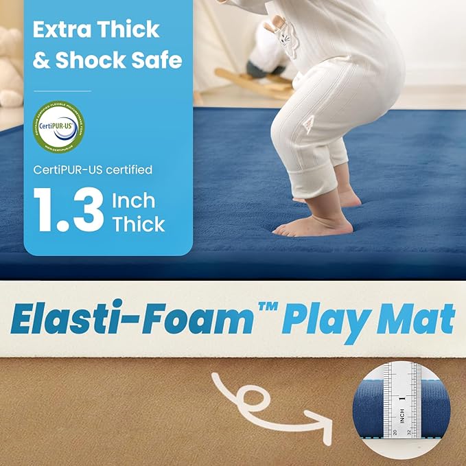 1.3" Thick Baby Play Mat for Floor, 39x59 Foam Tummy Time Mat, Padded Support Soft Plush Nursery Rug for Infant Kids Toddler Crawling Kick Activity (Royal Blue)