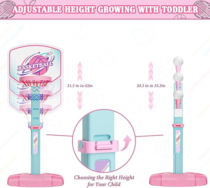 3 in 1 Basketball Hoop and Tee Ball Set for Girls: Baseball Tee with Automatic Pitching Machine Adjustable Height Outdoor and Indoor Sports Toys Christmas Birthday Gift for Kids Age 1-8 Year Old Pink