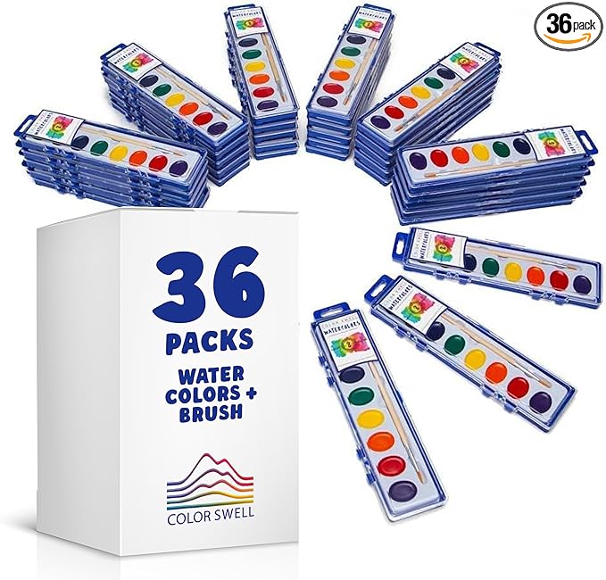 Color Swell Bulk Watercolors Paint Pack with Wood Brushes - 36 Sets with 8 Washable Colors Each - Perfect for Kids, Classrooms, Parties, Students, Donations, Party Favors, All Ages