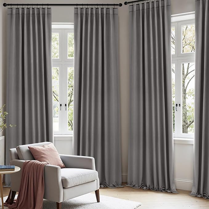 ANRODUO Back Tab Blackout Curtains for Bedroom Living Room, Rod Pocket Pinch Pleated Thermal Insulated Room Darkening Curtains 90 Inches Long 2 Panels, Grey, 42 x 90 Inch