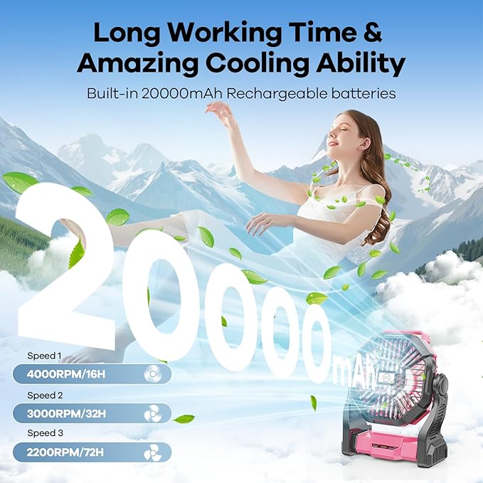 20000mAh Portable Battery Powered Camping Fan - with LED Light, Quiet Battery Operated, Camping Gear for Travel, Tent, Beach, Car or Hurricane Power Outages, Pink