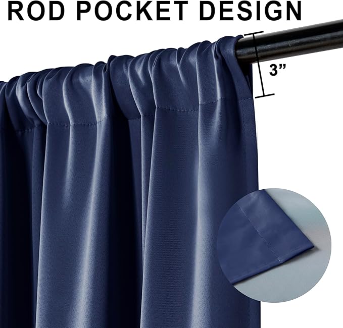 XWZO 100% Blackout Curtains with Tiebacks- Extra Wide Full Shade Window Drapes Thermal Insulated Double Layer with Black Liner for Bedroom/Living Room, Rod Pocket, Navy Blue, W70 x L63, Set of 2