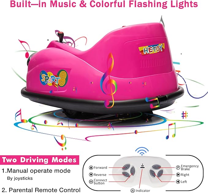 12V Bumper Car for Toddlers, Electric Toy Ride on Battery Car with Kids W/Parent Remote Control, 2-Speed, 360 Degree Spin, Music & LED Lights for Kids, Pink