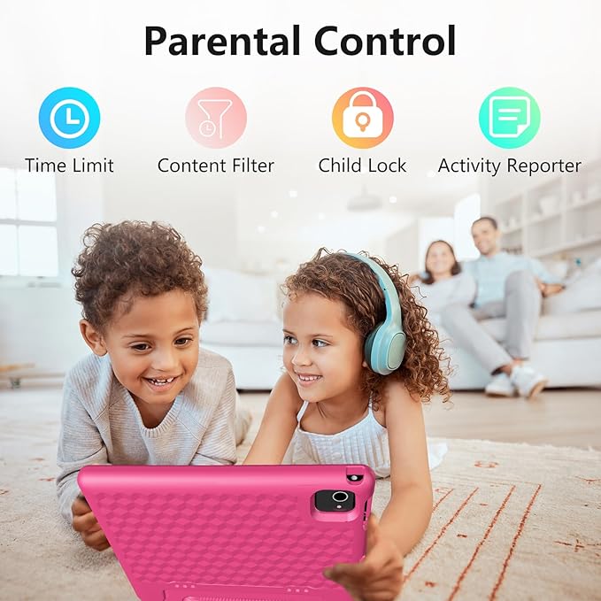 JREN Tablet for Kids｜10.1 Inch Kids Tablet Android 14｜Octa-core｜64GB｜WiFi ｜Bluetooth｜Parental Control｜Children Content｜Children Toddler Pink Girls Gift
