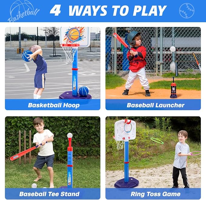 Meland Toddler Basketball Hoop, 4-in-1 Kids Basketball Hoop with Tball Set for Toddler & Baseball Pop Up Machine, Basketball Goal for Kid Sport Toys Indoor Outdoor Play Birthday Gift for Kids Toddlers