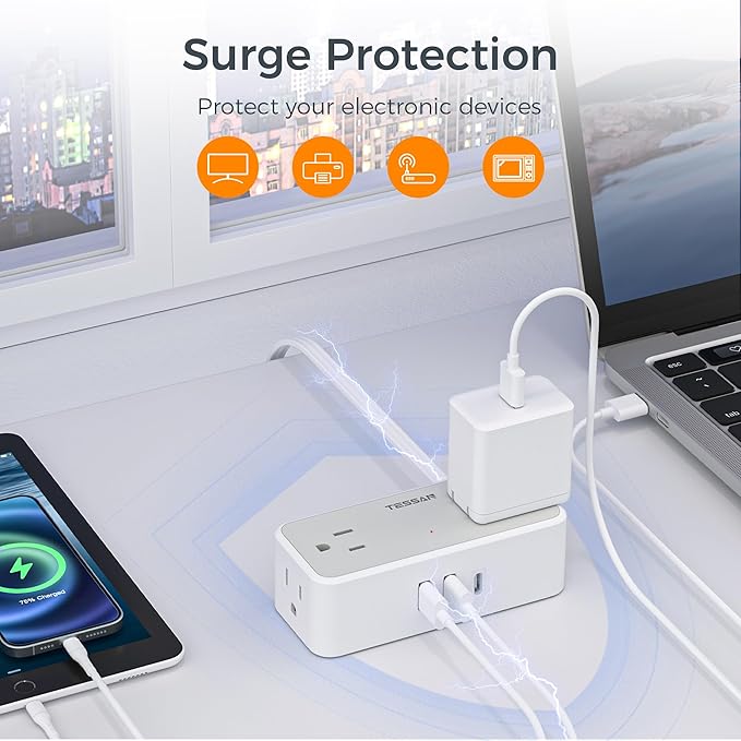 Flat Plug Extension Cord 5 FT, TESSAN Surge Protector Power Strip with 4 AC Outlets 1 USB C and 2 USB A Ports, 900 Joules Protection, Multiple Wall Outlet Extender Suitable for Home Office Dorm