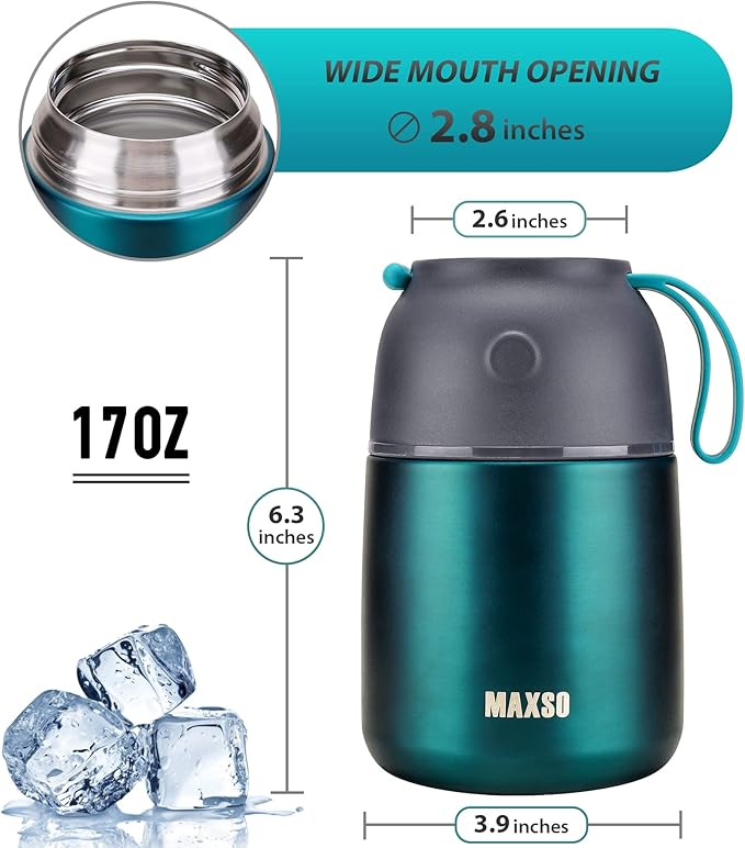 Insulated Thermo Food Jar for Hot & Cold Food for Kids Adult, 17 oz Soup Thermal Hot Food Containers for Lunch, Triple Layer Insulation Stainless Steel Food Jar with Spoon (Green)