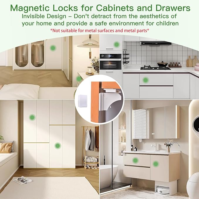 10 Pack Vkania Magnetic Cabinet Locks Baby Proofing - Baby Safety Latches for Drawers and Cabinets - Easy Installation No Drilling