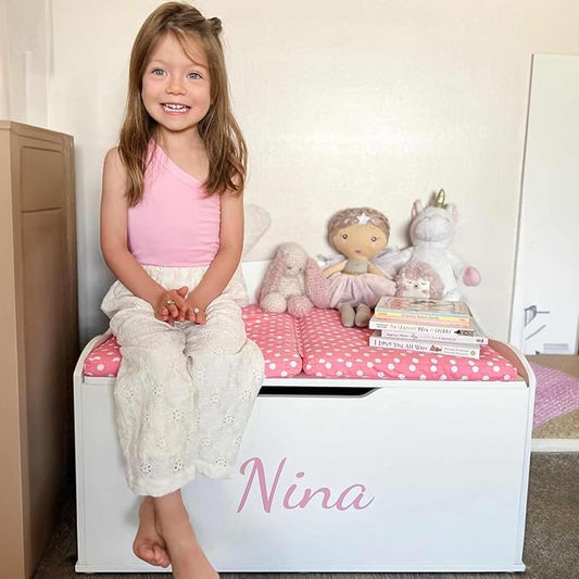 DIBSIES Personalized Creative Wonders Toy Box, Signature Series for Girls, 30 x 19.25 x 18 inches, Soft-Close Lid (White)