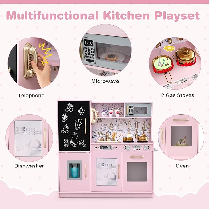 HONEY JOY Kids Kitchen Playset, Wooden Little Chef Pretend Toy Kitchen Set w/Chalkboard, Telephone, Utensils, Oven, Microwave, Sink, Storage, Play Kitchen for Toddlers Boys Girls, Pink Flower