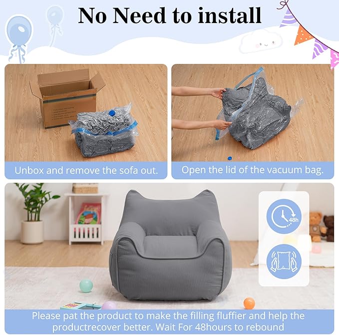 HOMMPA Bean Bag Chair for Kids Stuffed Toddler Bean Bag Sofa with Pocket Filler Cat Shaped Bean Bag Chair Boys and Girls Baby Lazy Floor Sofa Chair for Gaming Reading Playing Grey