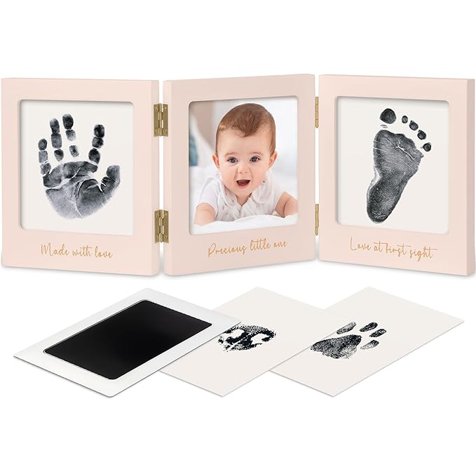Inkless Baby Handprint and Footprint Kit for Newborn - Baby Footprint Kit, Newborn Keepsake Nursery Picture Frame,Dog Paw Print Maker,Personalized Gifts for New Mom,Showers & Registry(Petal Pink/Gold)