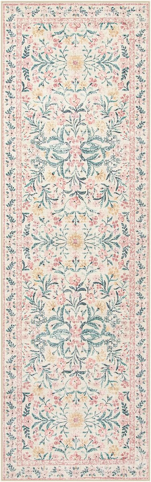 Wonnitar Floral Washable Runner Rug, 2'6"x8' Runners for Hallways Pink Rugs for Entryway Bedroom, Boho Non Slip Soft 8ft Long Carpet for Kitchen Bathroom Laundry