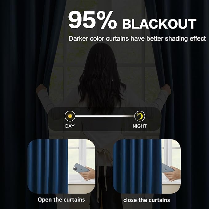 KEQIAOSUOCAI Navy Blackout Curtains 72 Wide x 84 inch Long 2 Panels - Thermal Insulated Room Divider Curtain for Bedroom/Living Room/Patio, Width Pinch Pleated Curtain Panel with Hooks 72 x 84