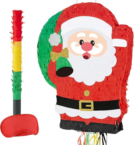 WERNNSAI Christmas Piata Large Pull String With Blindfold Bat - Cute Santa for Party Games, Red Decorations 16.5" x 12.4" - Gifts for Kids