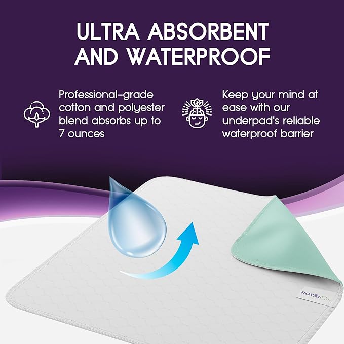 Incontinence Bed Pads - 4 Pack 34" x 36" Reusable Waterproof Mattress Protectors - Highly Absorbent, Machine Washable - for Children, Pets and Seniors - Multi Color - Royal Care